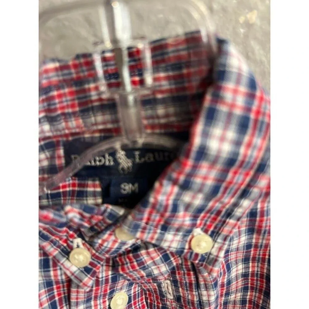 Boys Ralph Lauren red white blue short sleeve button up‎ shirt size 9 months